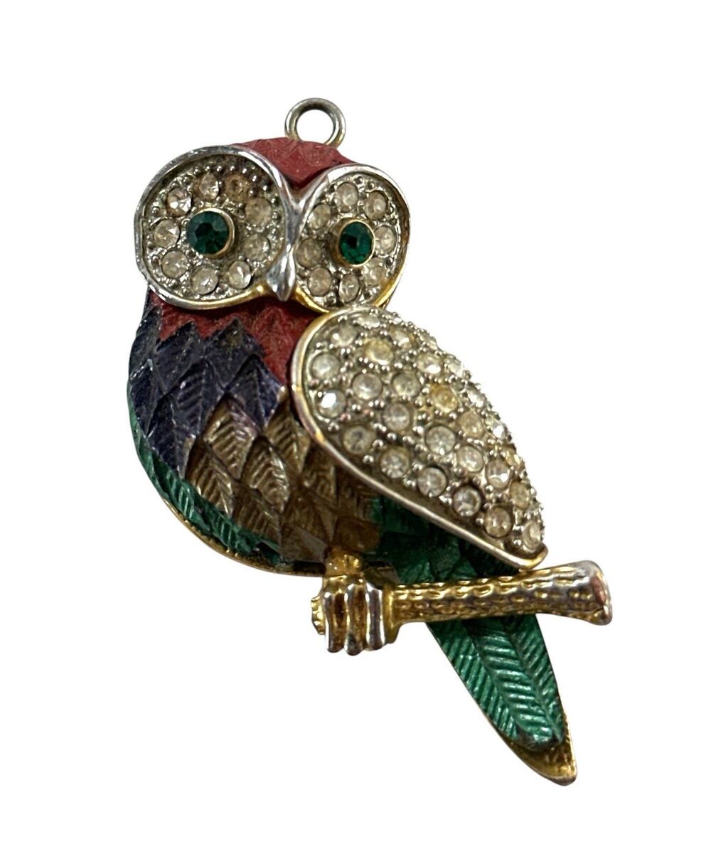 Vintage Rhinestone Enamel Owl Pendant Green Eyes Dimensional Costume Jewelry